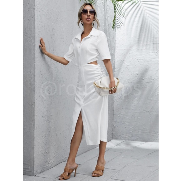White Button Front Cut Out Back Midi Dress Short Sleeve Ruched Hips Collared - Picture 4 of 10